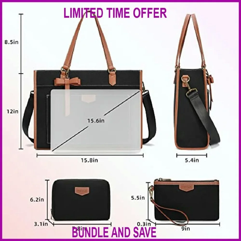 Large 15.6 Inch Canvas Laptop Tote Bag with Padded Compartment & Shoulder Strap